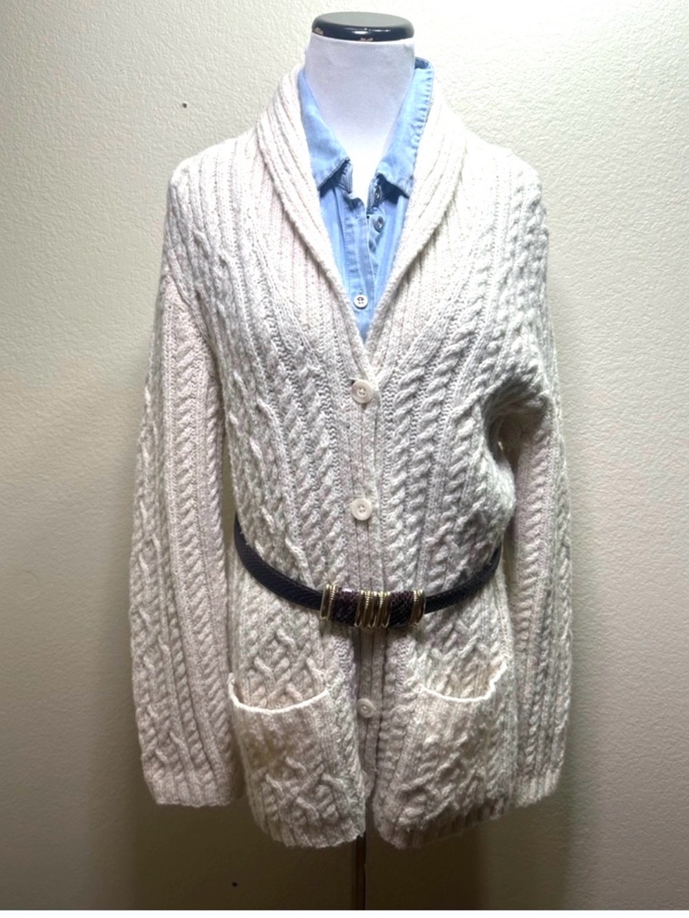 Vintage Ralph Lauren Hand Knit Wool Button Up Cardigan Sweater L Thick Layers